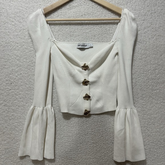 Self-Portrait Women's White Ribbed Knit Flared Sleeve Cardigan Size Small - Picture 1 of 11